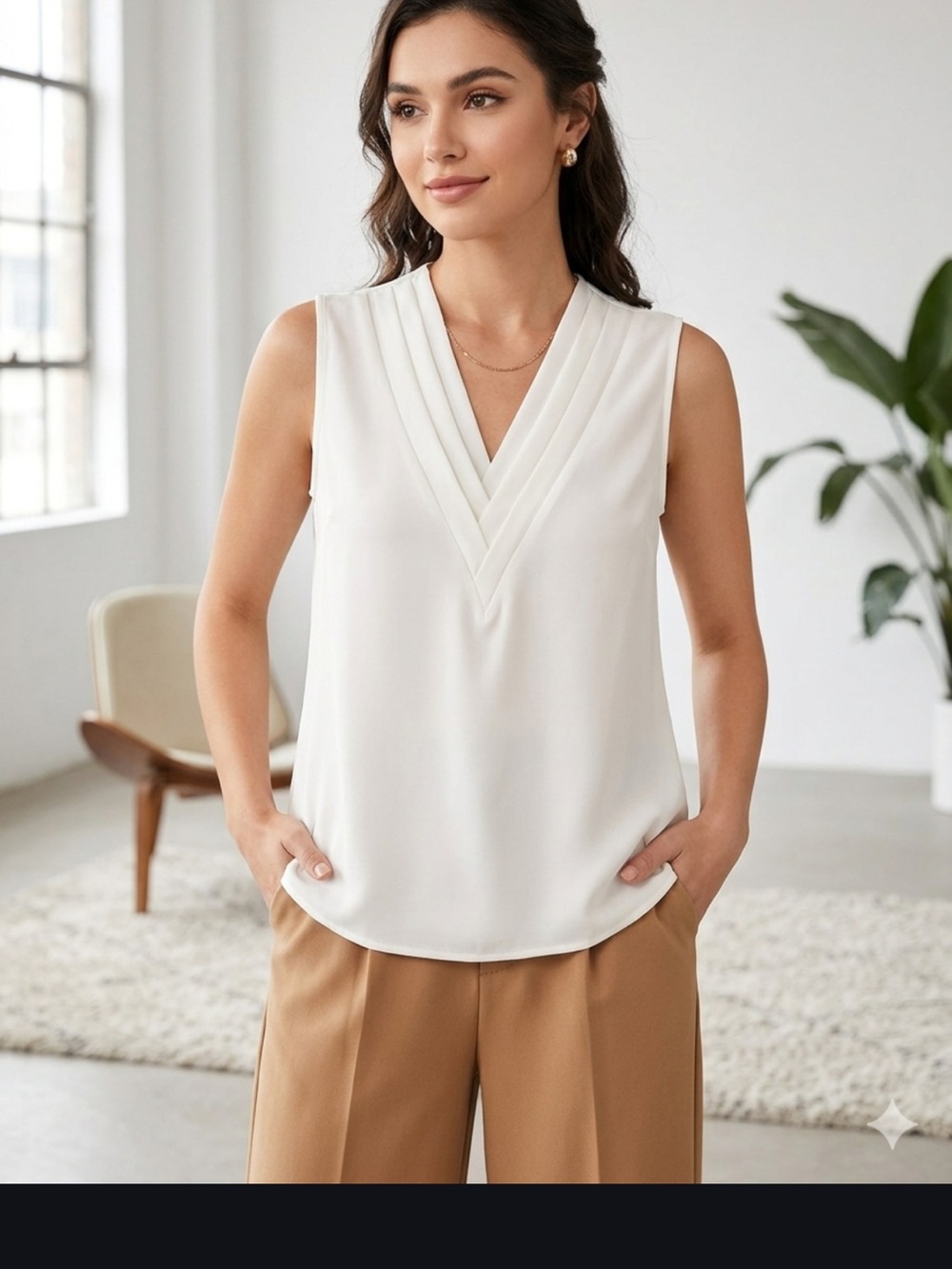 SHEIN Cream V-Neck Pleated Sleeveless Camisole